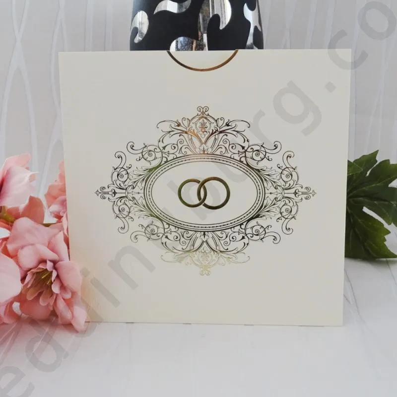 Покани за сватба от луксозен, перлен картон и принт на златни халки, модел 70242